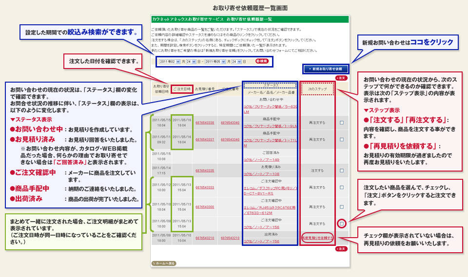 お取り寄せ依頼履歴一覧画面