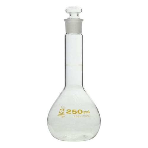 メスフラスコ 短形 白 ガラス平栓付 250mL