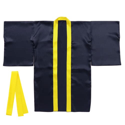 ソフトサテンロングハッピ袖付黒襟黄S(ハチマキ付)