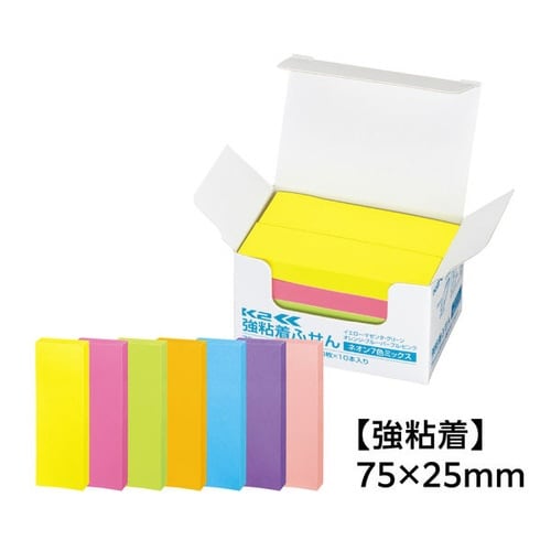 強粘着ふせん K2 75×25 ネオン混色10冊