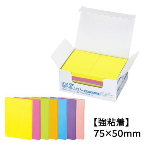 強粘着ふせん K2 75×50 ネオン混色10冊