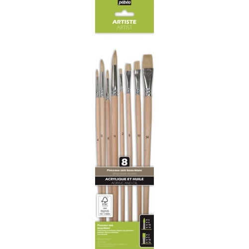 Pebeo 油彩用 白豚筆 平・丸筆8本セット(平