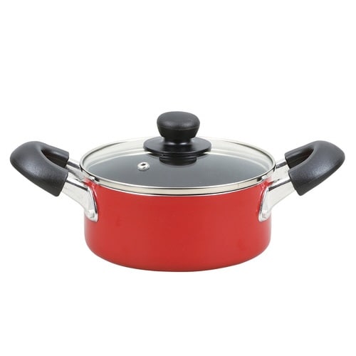 両手鍋 16cm ガラス蓋付き レッド×2