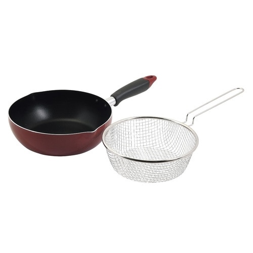 フライパン 22cm IH対応 ザル付き レッド