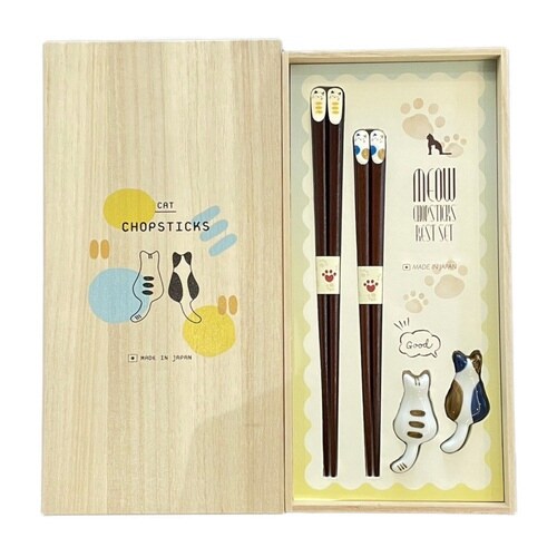 夫婦箸 桐箱 箸置付 ねこづくし