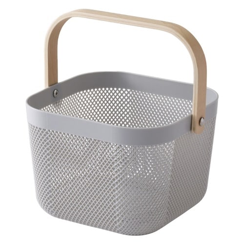 かご 木製 持ち手付き ライトグレー