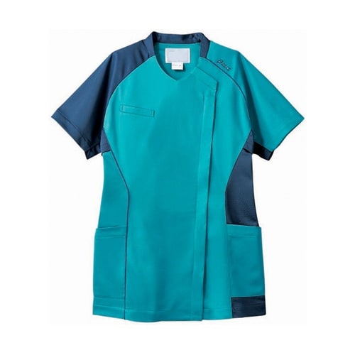 スクラブ レディス 半袖 ターコイズ×ブ