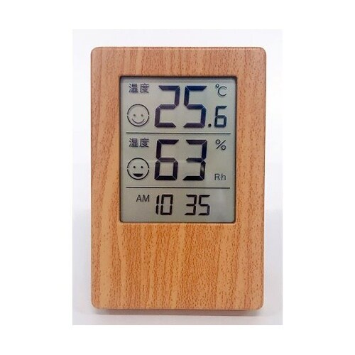 デジタル温湿度計 木目調 時計付き CR