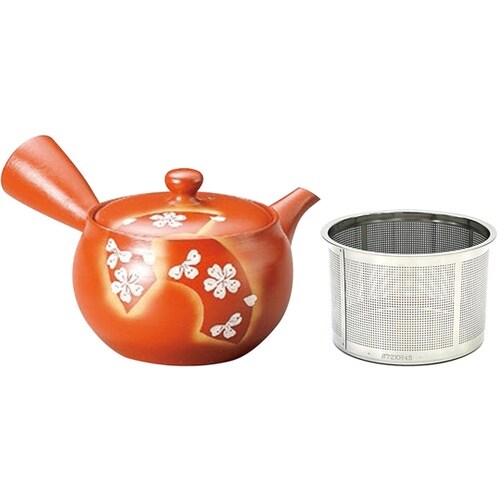 富仙 朱泥帯丸扇面桜急須 Y805