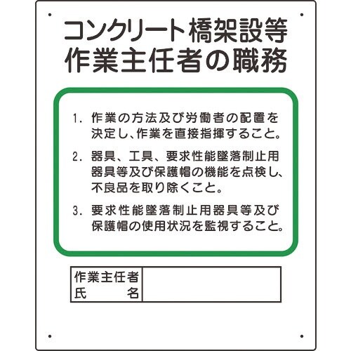 ユニット 作業主任者職務板 コンクリート橋架設等