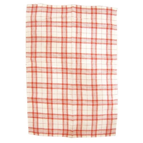 キッチンタオル 麻100% チェックホワイトレッド