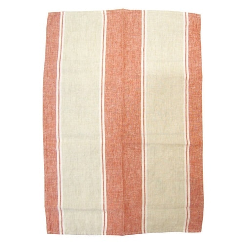 キッチンタオル 麻100% ボーダーレッドベージュ