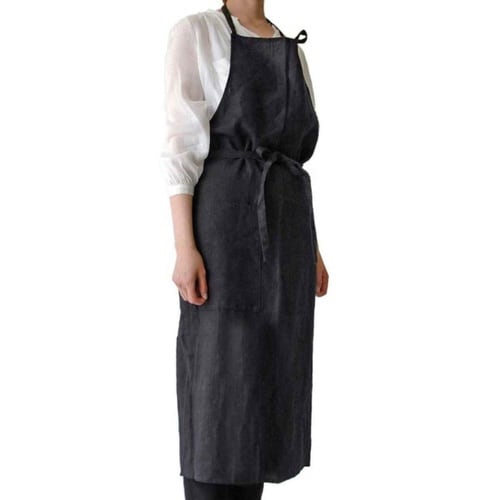 エプロン 麻100% 無地 ポケット付き ブラック