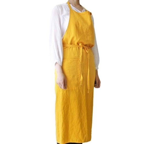 エプロン 麻100% 無地 ポケット付き イエロー