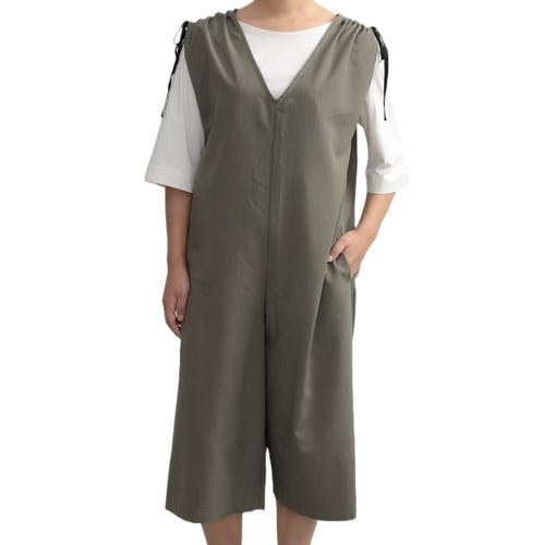 エプロン 無地 肩ギャザーオールインワン カーキ