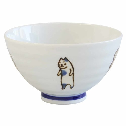 飯碗 11.5cm たち猫 藍花 陶器 青