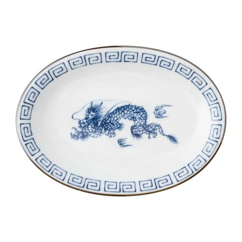 餃子皿 19.5cm レトロ中華 磁器 青