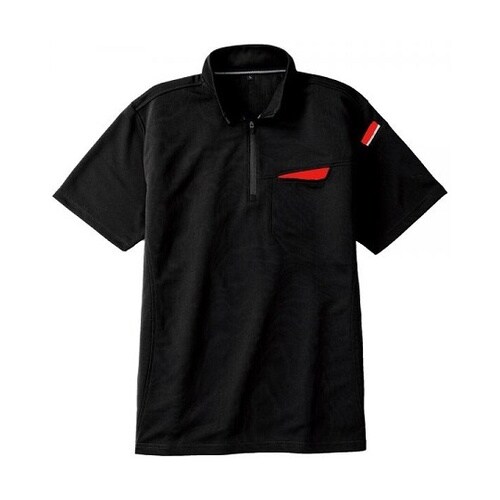切りポケハーフジップ半袖ポロ ブラック