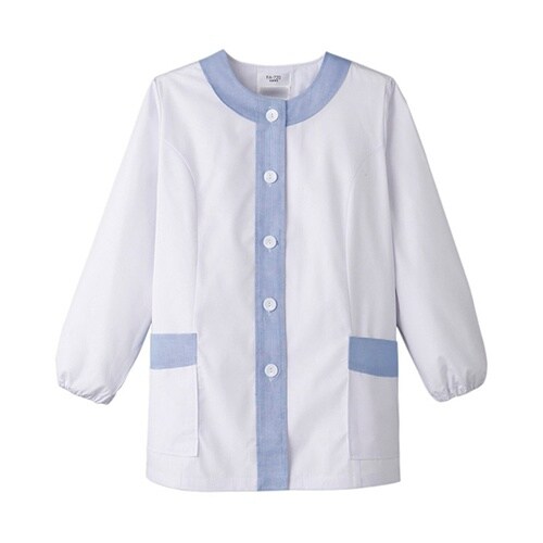 襟なし/長袖 女性用調理衣 ホワイト×サ