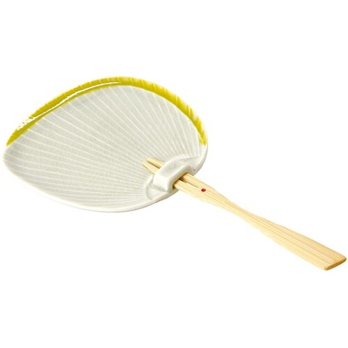 陶器うちわ皿(竹フォーク付)黄 2708