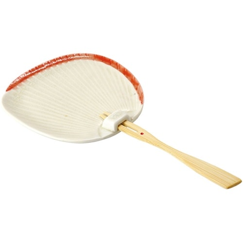 陶器うちわ皿(竹フォーク付)赤 2708