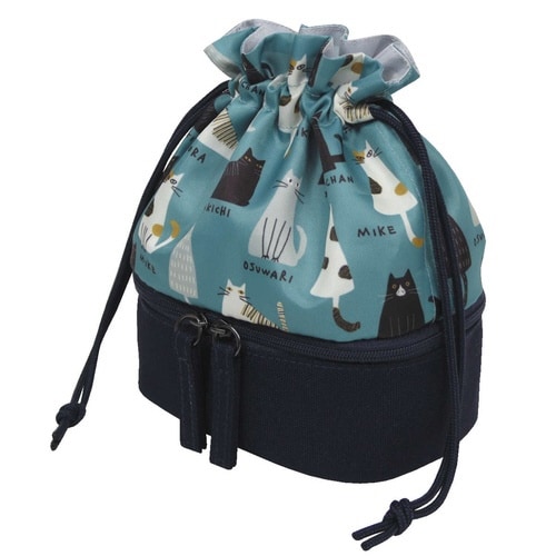 ポーチ 巾着 ダブルポーチ ネコ ブルーグレー