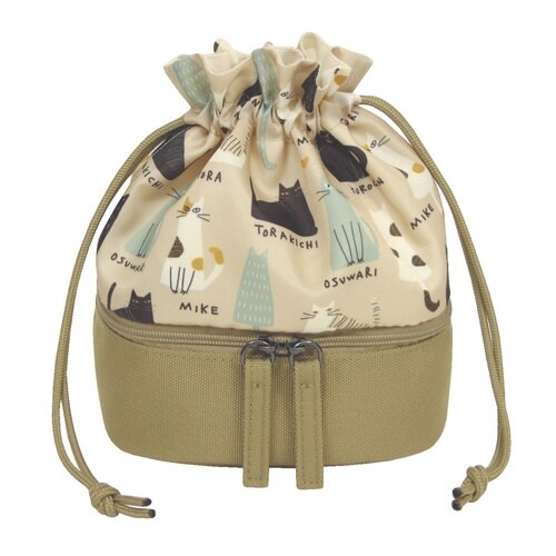 ポーチ 巾着 ダブルポーチ ネコ ベージュ