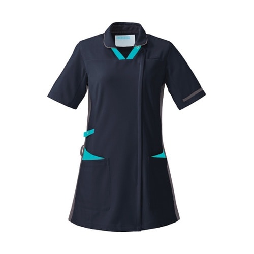 レディススクラブ半袖衿付 ネイビー×ター