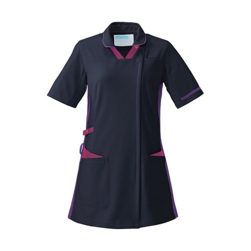 レディススクラブ半袖衿付 ネイビー×プラ
