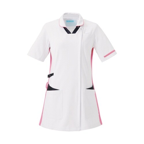 レディススクラブ半袖衿付 ホワイト×ネイ