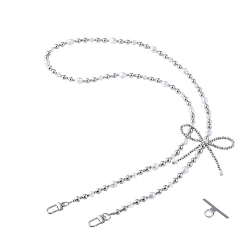 スマホショルダー リボンパールビーズ シルバー