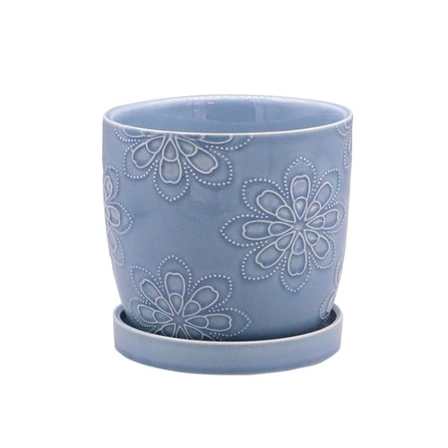 植木鉢 ドーセポット S 花模様×ブルー