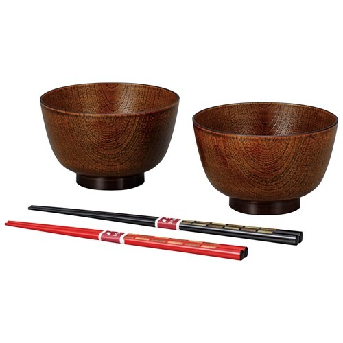 レンジ京型欅杢目汁椀ペア 栃塗 箸付き