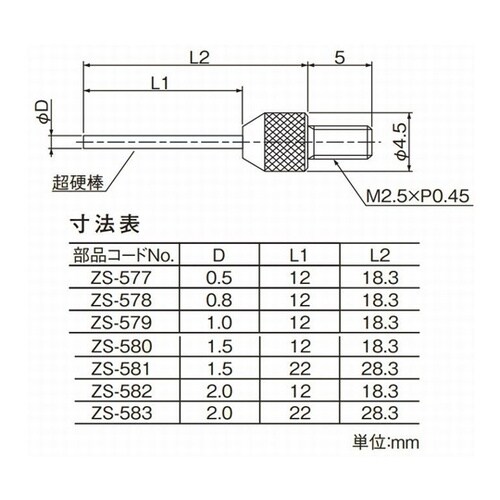 測定子 超硬ニードル型 12L測定子 φ
