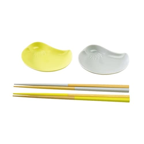オシドリ 小皿ペアセット箸付 黄灰