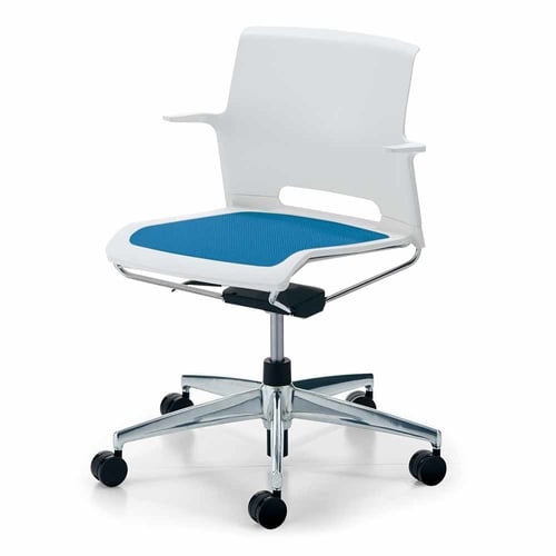 カラベル回転脚背樹脂肘付本体白 青硬床用