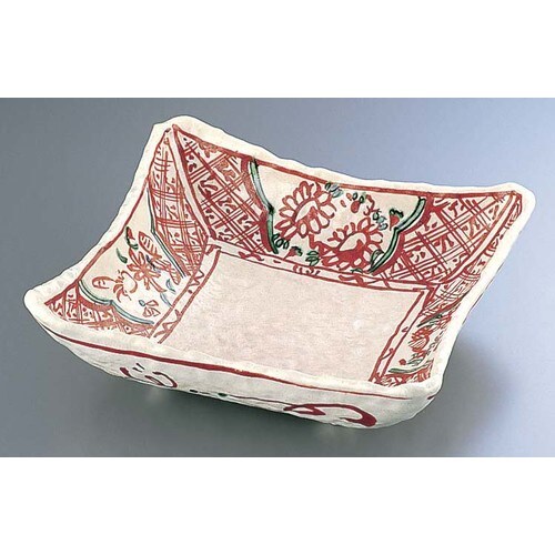 志野釉赤絵万暦四角大皿 深 B03−31