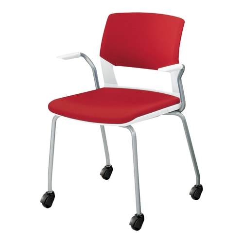 会議イス160 キャスター脚 赤 肘付 硬床用