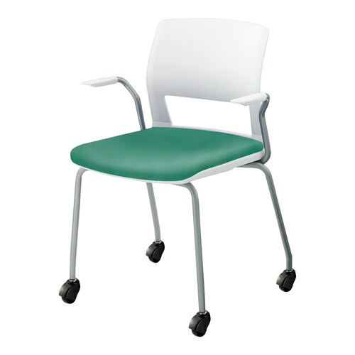 会議イス160キャスター脚背樹脂レザー緑肘付硬床用
