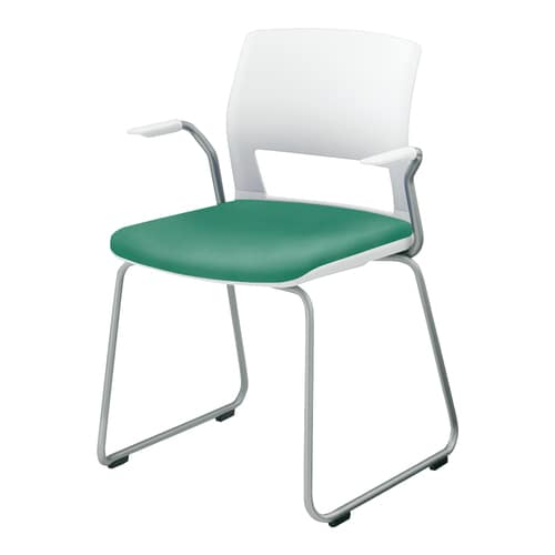 会議イス160サークル脚背樹脂 レザー緑 肘付