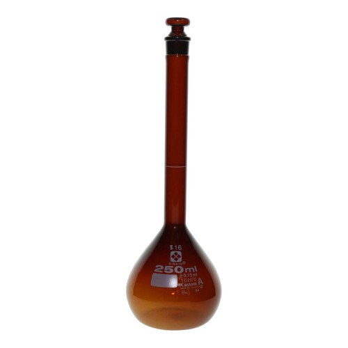メスフラスコ 茶 カスタムAガラス平栓付250mL