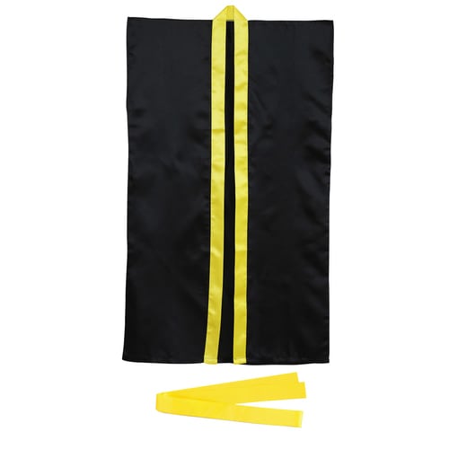 サテンロングハッピ黒(黄襟)S(ハチマキ付)