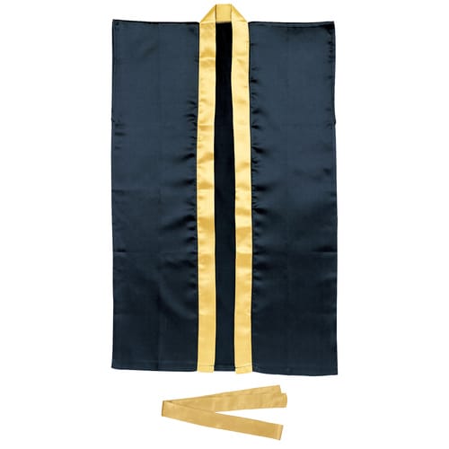 サテンロングハッピ黒(襟金)L ハチマキ金付