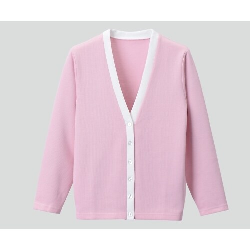 カーディガン (Vネック) S ピンク×ホワイト