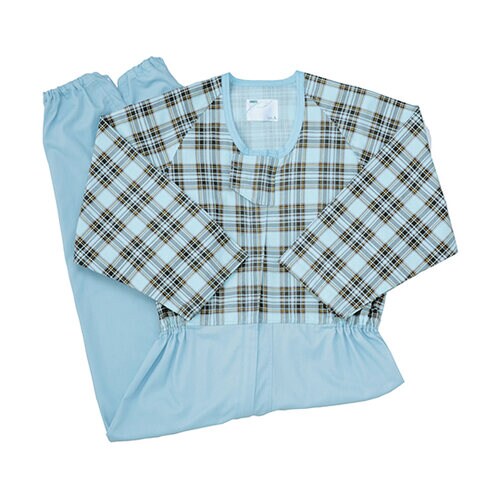 介護寝巻き(フルオープン型) タータンブルー LL