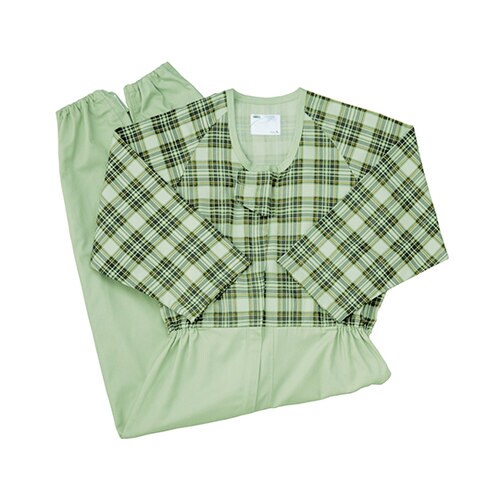 介護寝巻き(フルオープン型) タータングリーン L