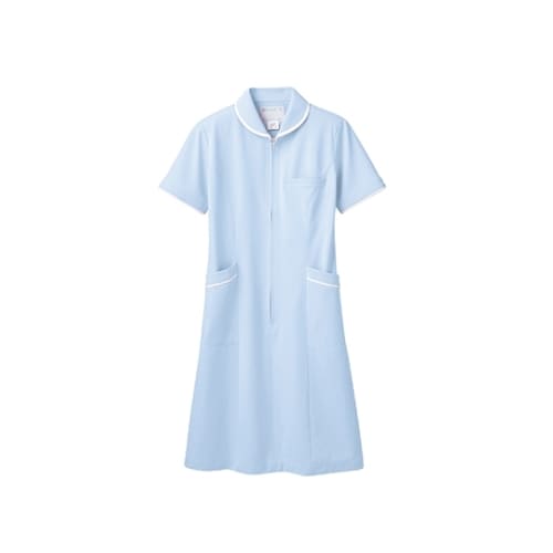 ナースワンピース半袖サックス/白L 73−1556