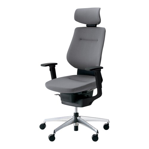 イング クッションヘッド付可動肘本体黒銀脚薄灰硬床