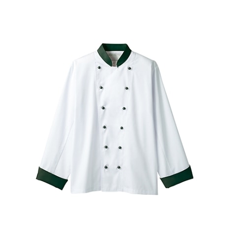コックコート兼用長袖 白/ボトルグリーン S