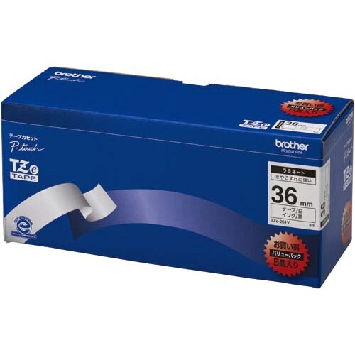 ピータッチ ラミネート白色テープ36mm黒文字5個